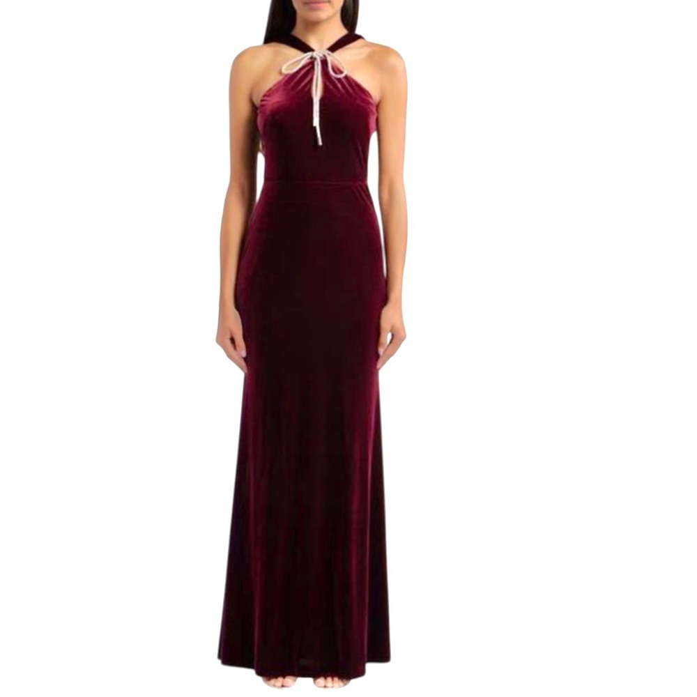 Eliza J Velvet Halter Neck Gown Rhinestone Encrusted Tie Red Keyhole Size 12